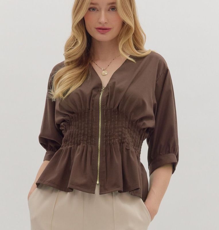 Brown Pleated Waist Blouse