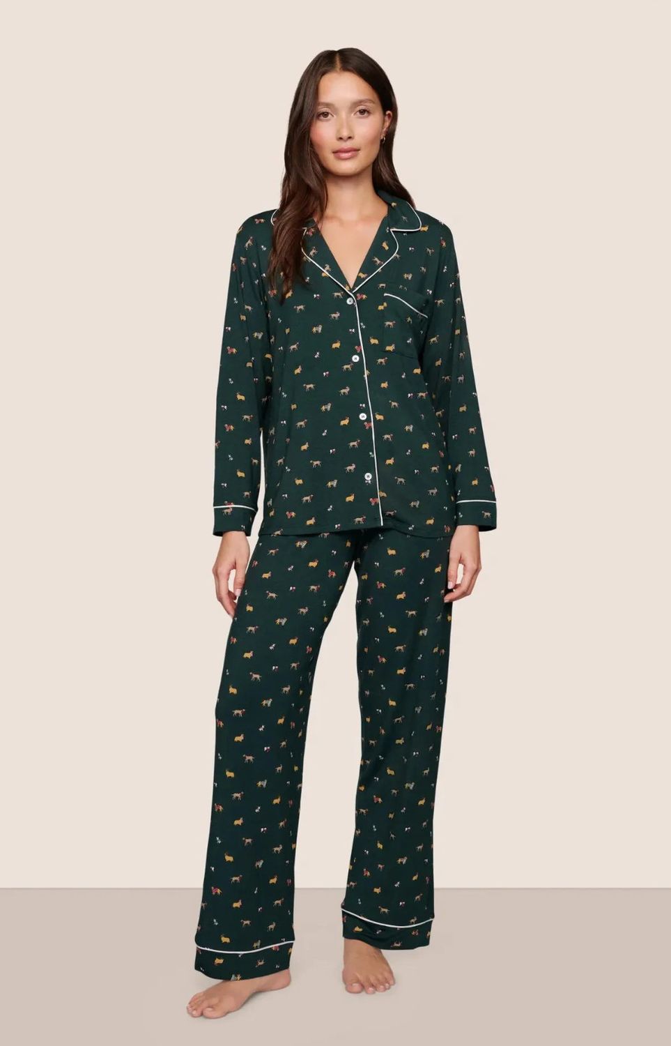 Gisele Printed Long PJ- Holiday Dogs Pine/Ivory