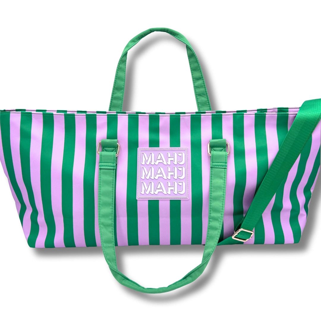 Mahjong Tote Bag- Green &amp; Purple Stripe