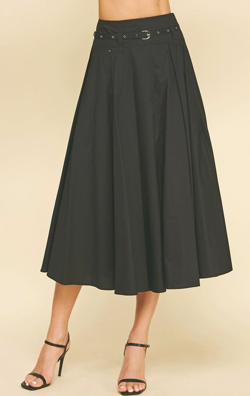 Pleated A-Line Midi Skirt w/ Belt