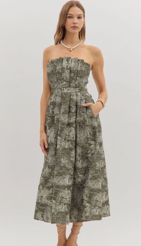 Olive Toile Strapless Crumb Catcher Neckline