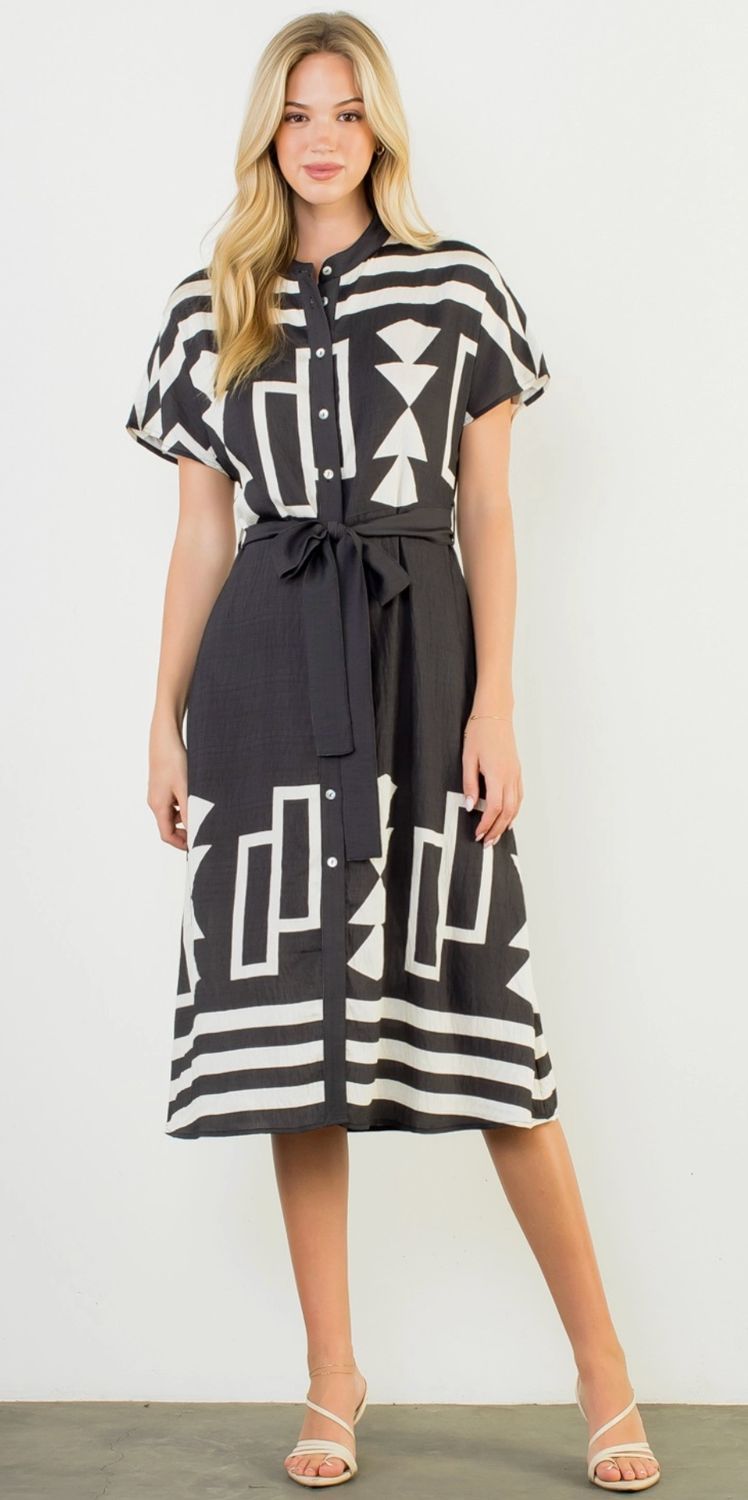 Short Sleeve Print Button Up Dress