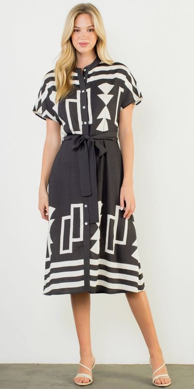 Short Sleeve Print Button Up Dress