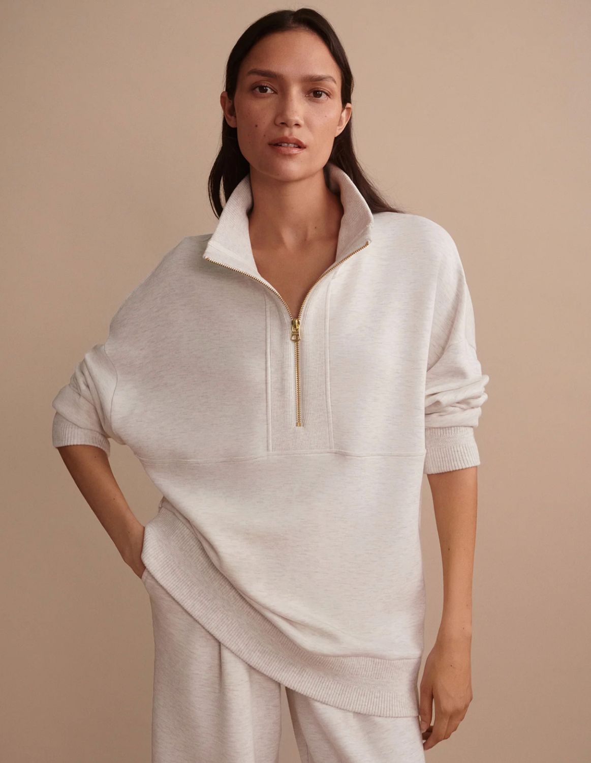 Molly Half Zip Longline Sweat- Ivory Marl