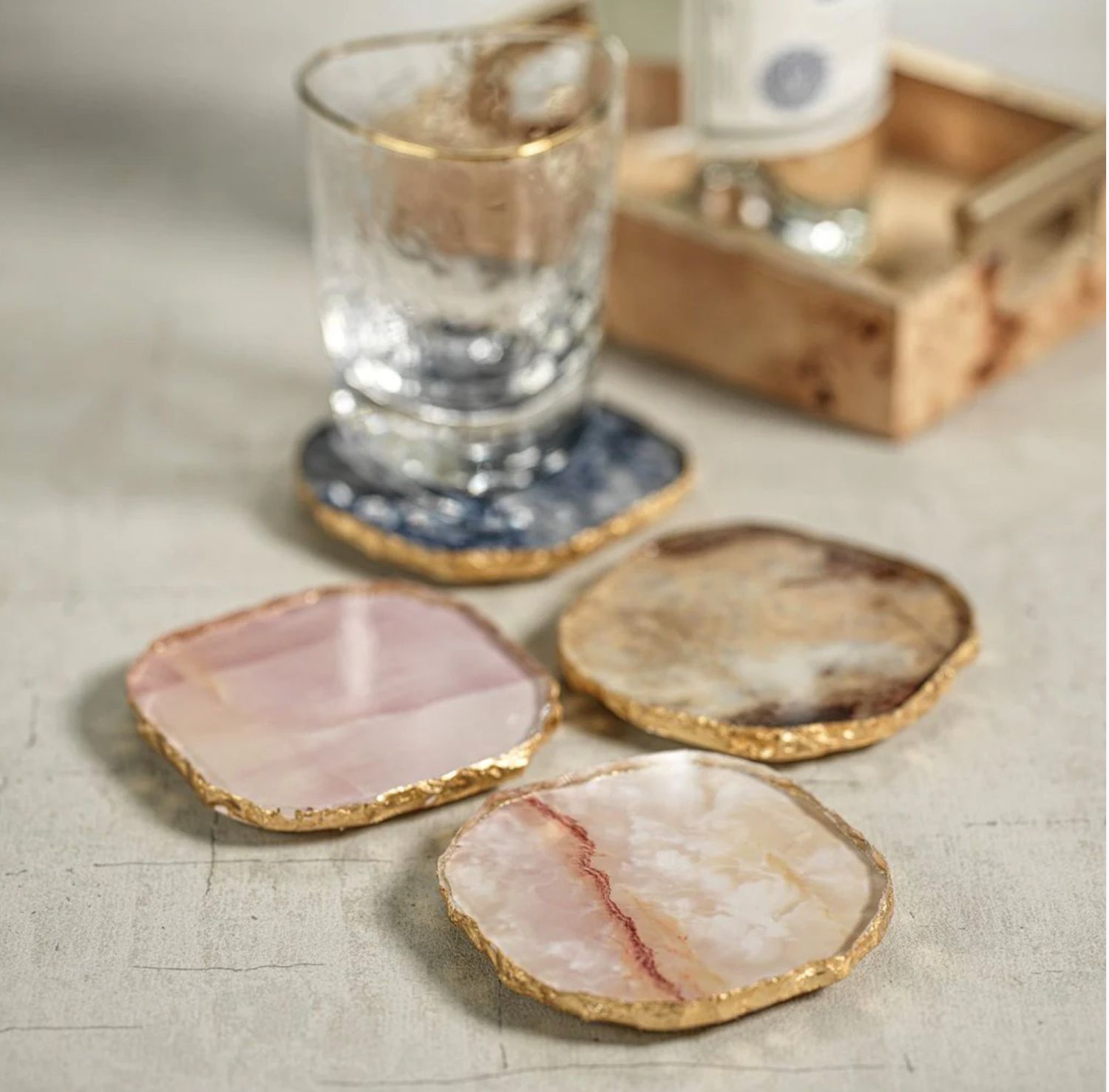 ZO Agate Marble Glass w/Gold Rim Coaster Pink