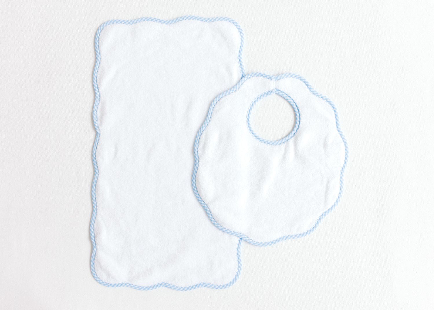 Bib and Burp Set Blue Gingham Scalloped Edge