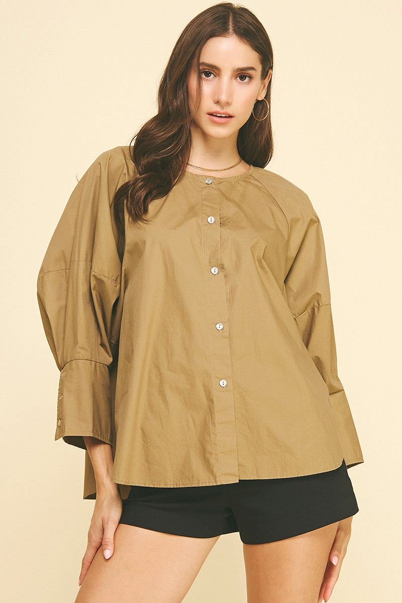 Button Down Blouse Top - Khaki