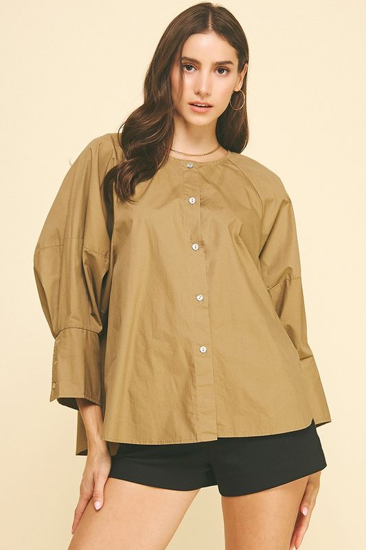 Button Down Blouse Top - Khaki