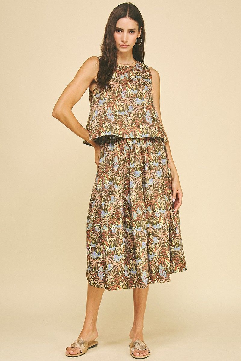 Deep Olive Print Top &amp; Skirt Set