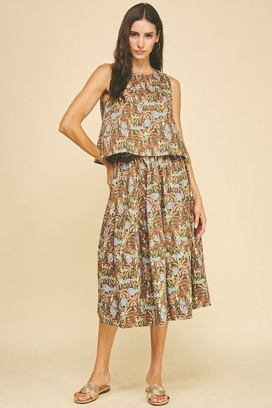 Deep Olive Print Top &amp; Skirt Set