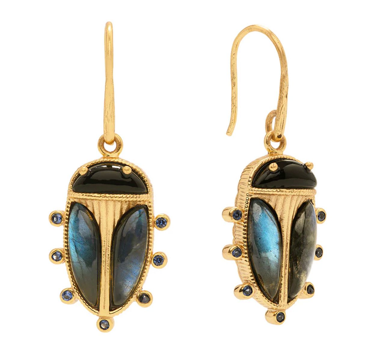 Scarab Petite Drop Earrings - Blue Labradorite - Black Agate