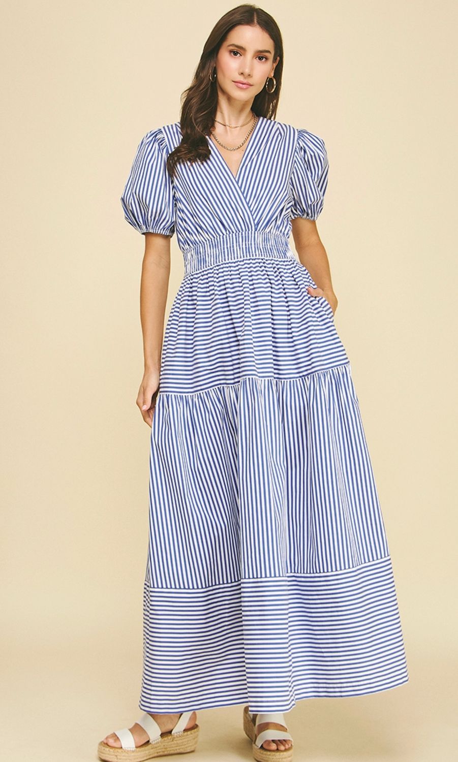 Striped Tiered Maxi Dress - Blue