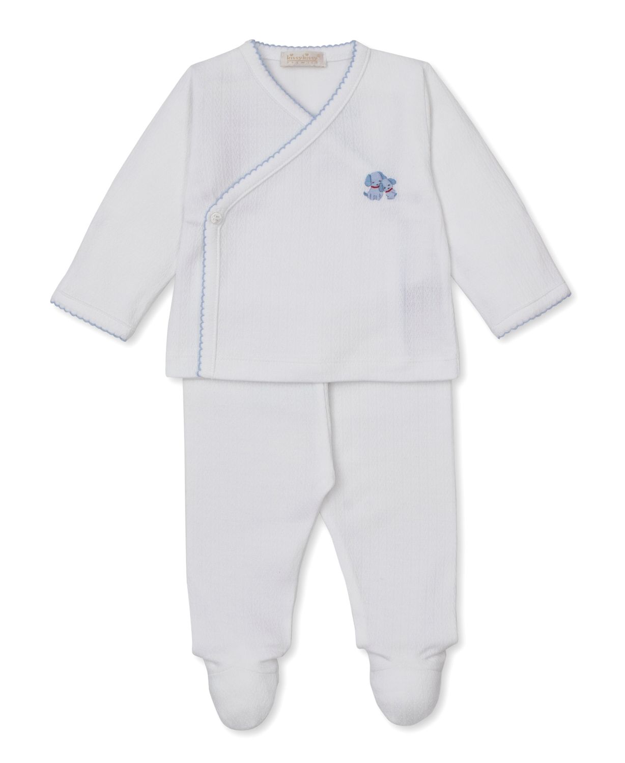 Footed Pant Set Hand Emb Premier Puppy White/Lt Blue