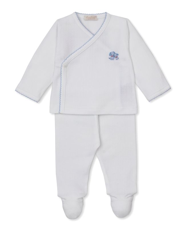Footed Pant Set Hand Emb Premier Puppy White/Lt Blue