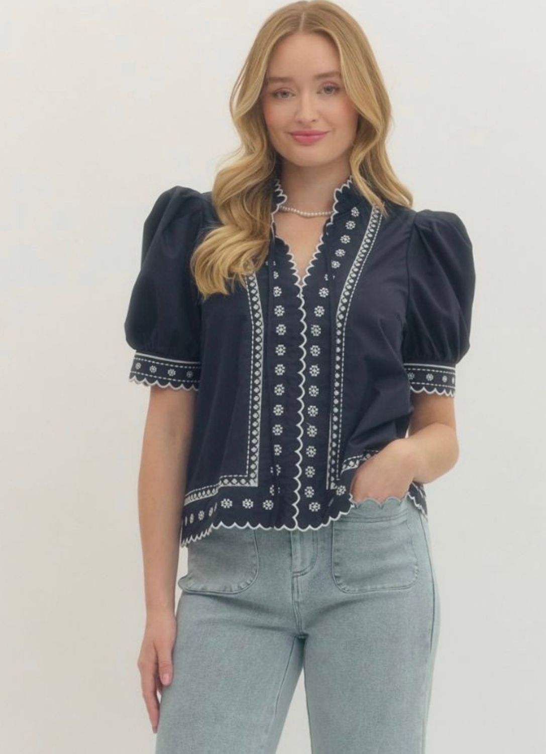 Navy Embroidered Blouse
