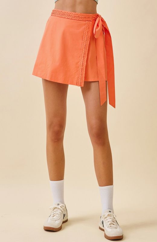 Wrap Front Braided Trim Detail Self Tie Skort