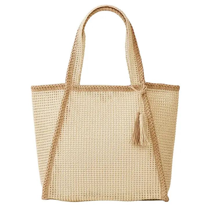 Two Tone Woven Straw Tote Bag - Tan