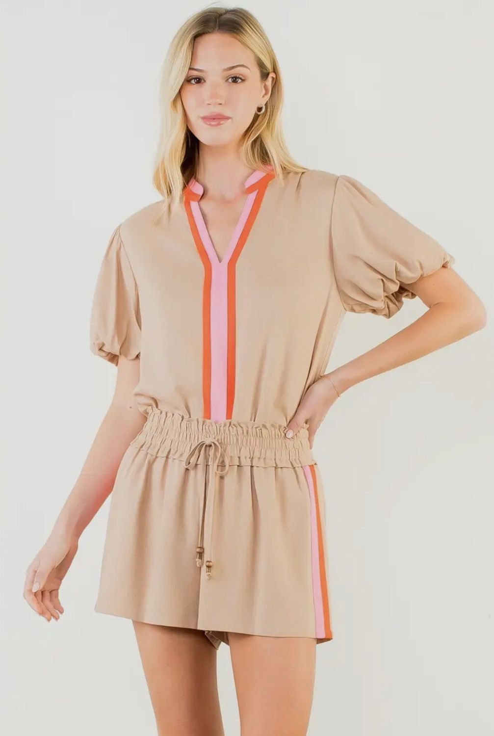 Tan High Waisted Tie Shorts w/ Side Stripes