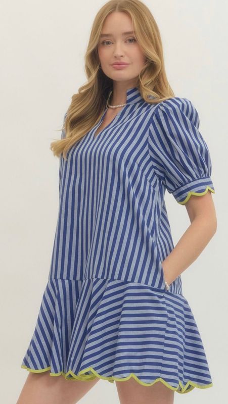 Blue Striped Scallop Hem Dress