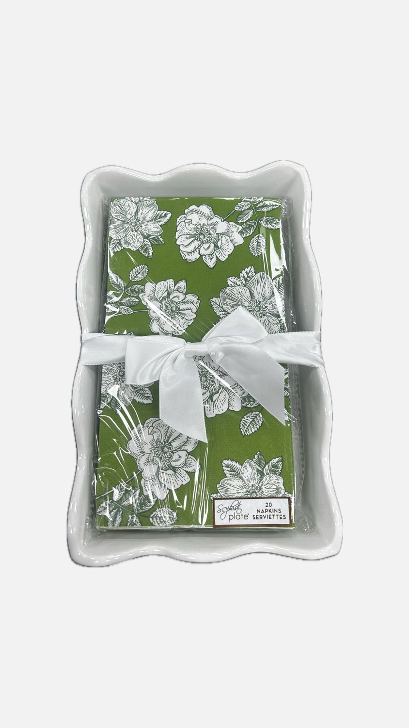 Cermic Wave Guest Towel Tray with Green Floral Napkin