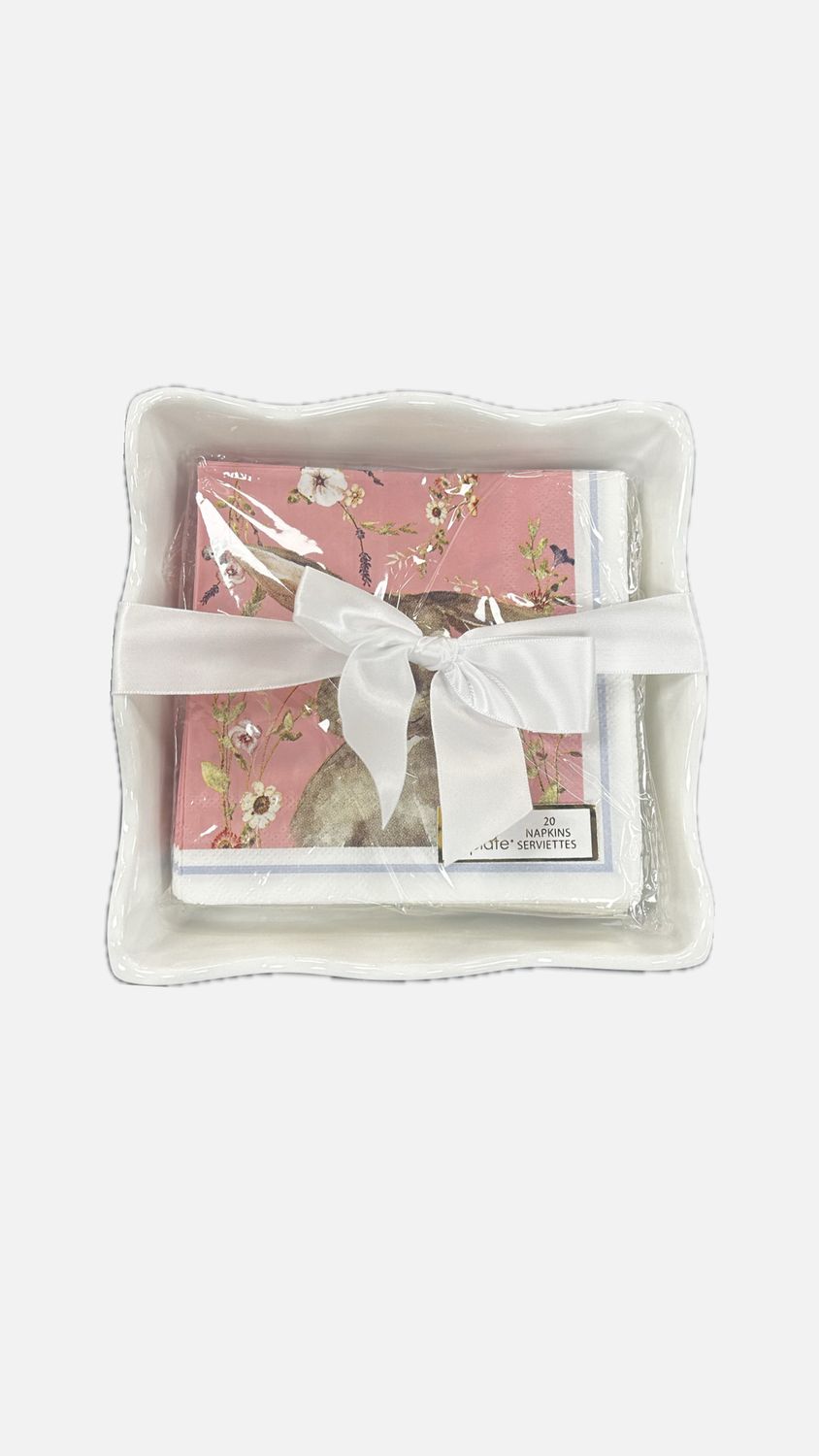 Cermic Wave Cocktail Napkin Tray with Coral &amp; Brown Bunny