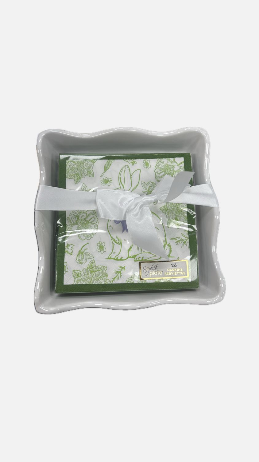 Cermic Wave Cocktail Napkin Tray with Green Toile Bunny Napkin