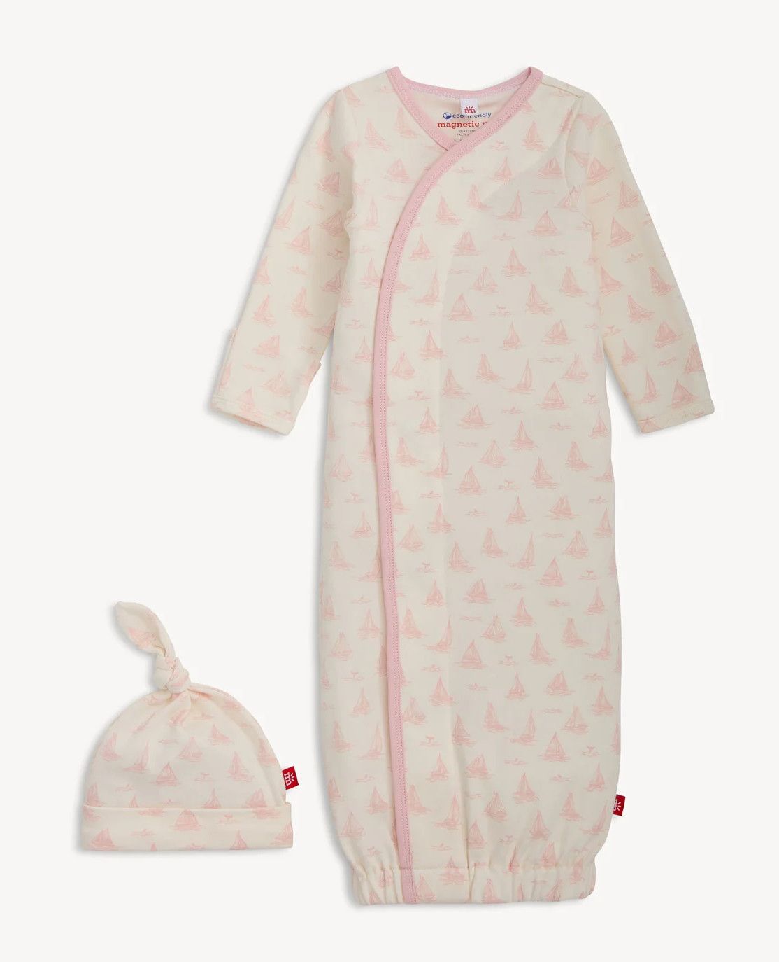 Tiny Tides Org Cotton Magnetic Gown + Hat Set Pink