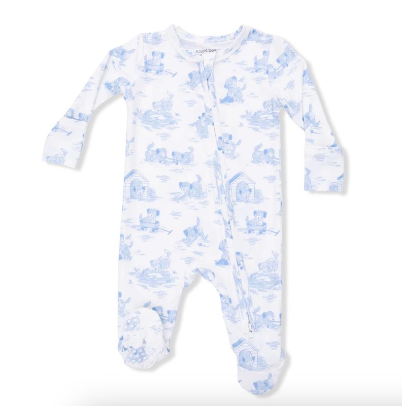 Puppy Toile Blue 2 Way Zipper Footie 