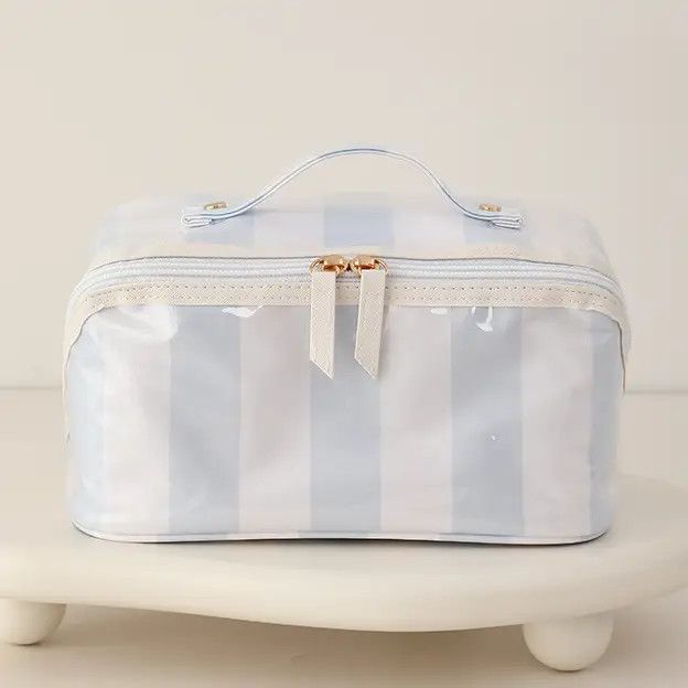 Waterproof Light Blue Striped Makeup Bag