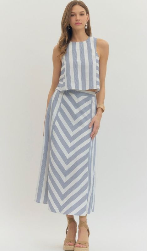 Blue &amp; White Asymmetrical Striped Skirt Set
