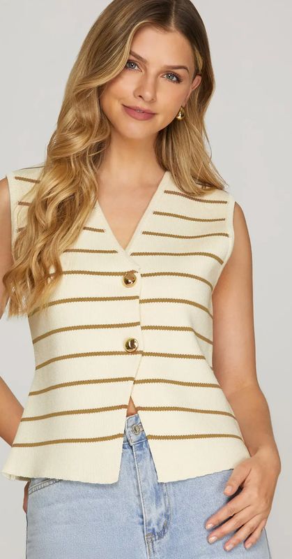 Gold Button Striped Cream Sweater Vest