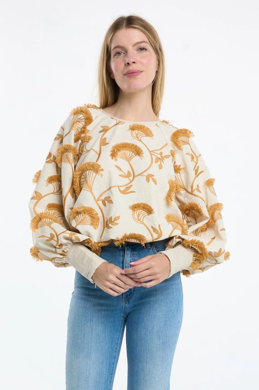 Tan 3D Embroidered Bubble Hem Top