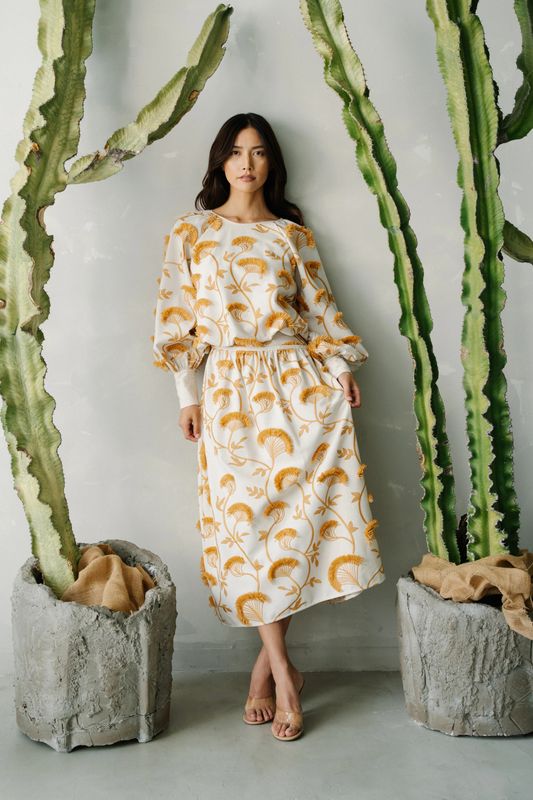 Tan 3D Embroidered Midi Skirt