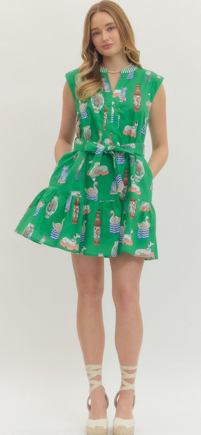 Sleeveless Green Chinoiserie Pattern Dress