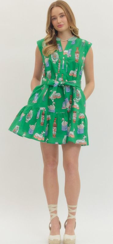 Sleeveless Green Chinoiserie Pattern Dress