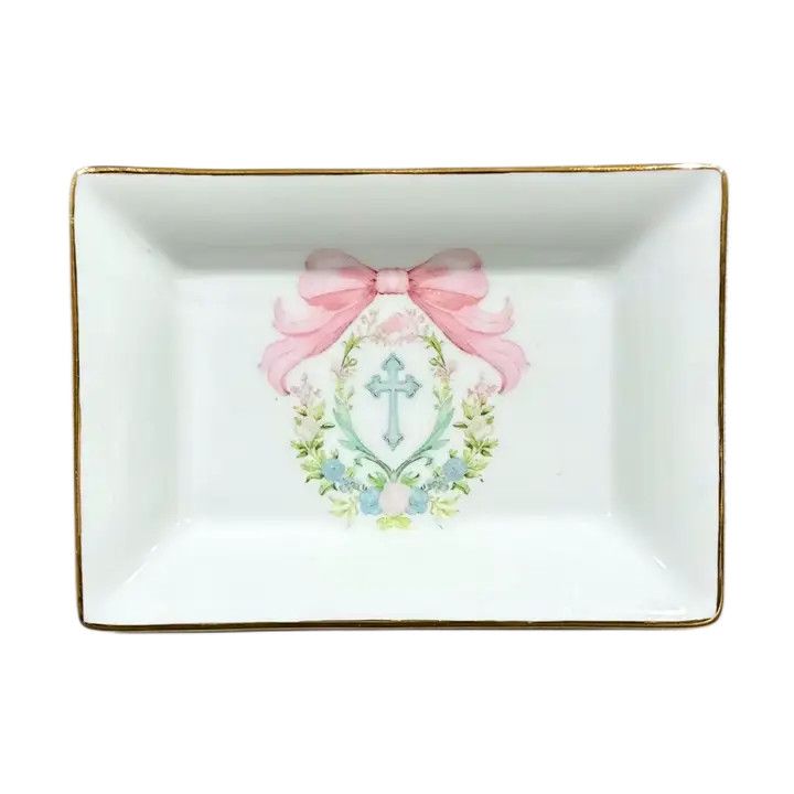 Spring Cross Pink Bow Trinket Tray