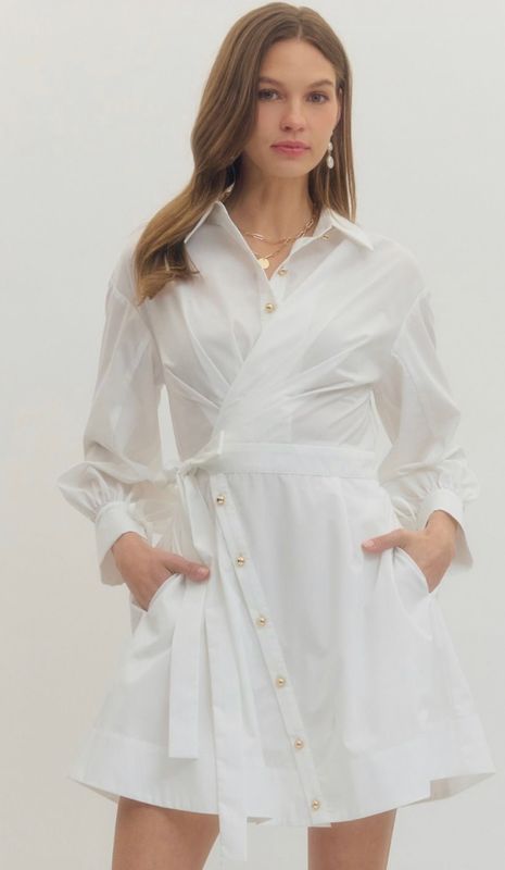 White Collared Gold Button Down Mini Dress