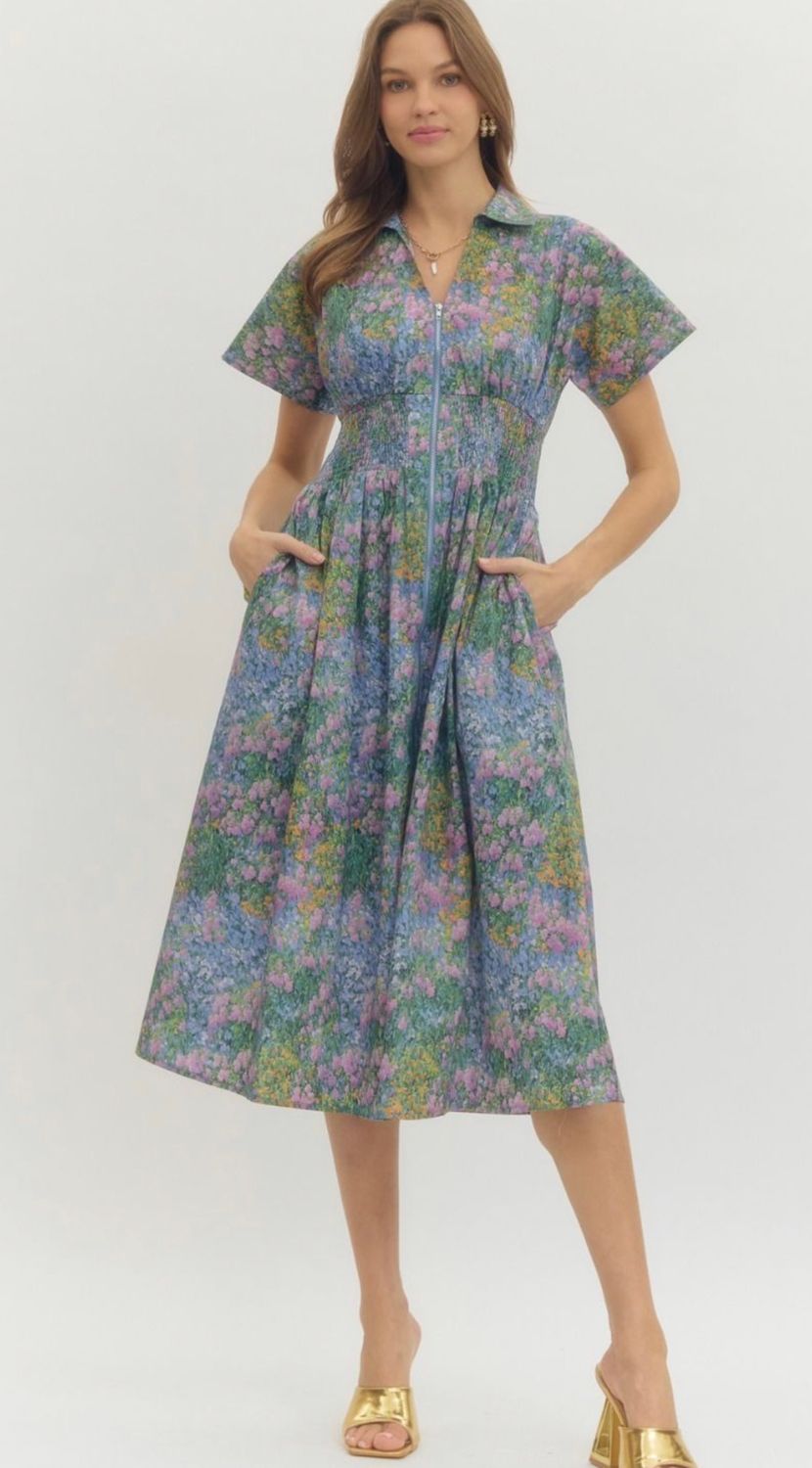 Floral Zip Puff Sleeve Midi Dress