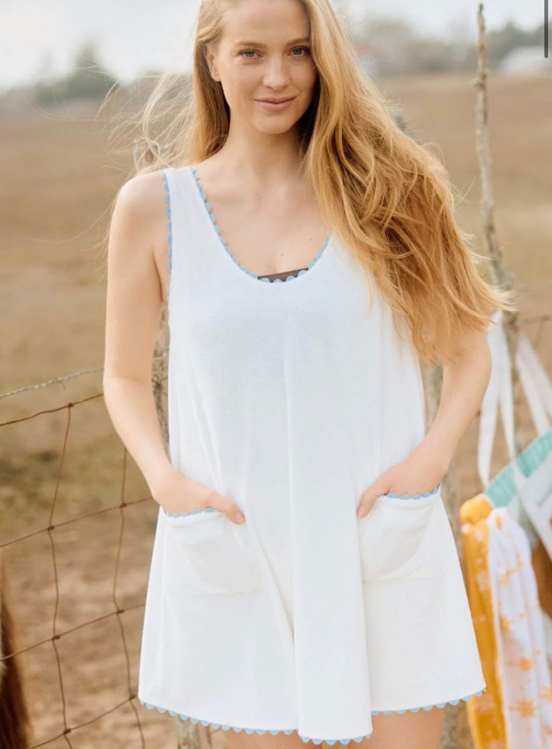 Womens Terry Cloth Swing Dress-White and Blue