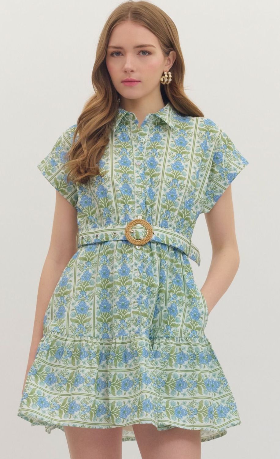 Blue Floral Belted Dress