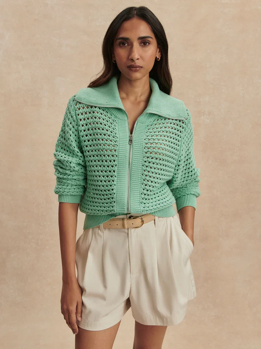 Eloise Full Zip Knit- Dusty Jade Green