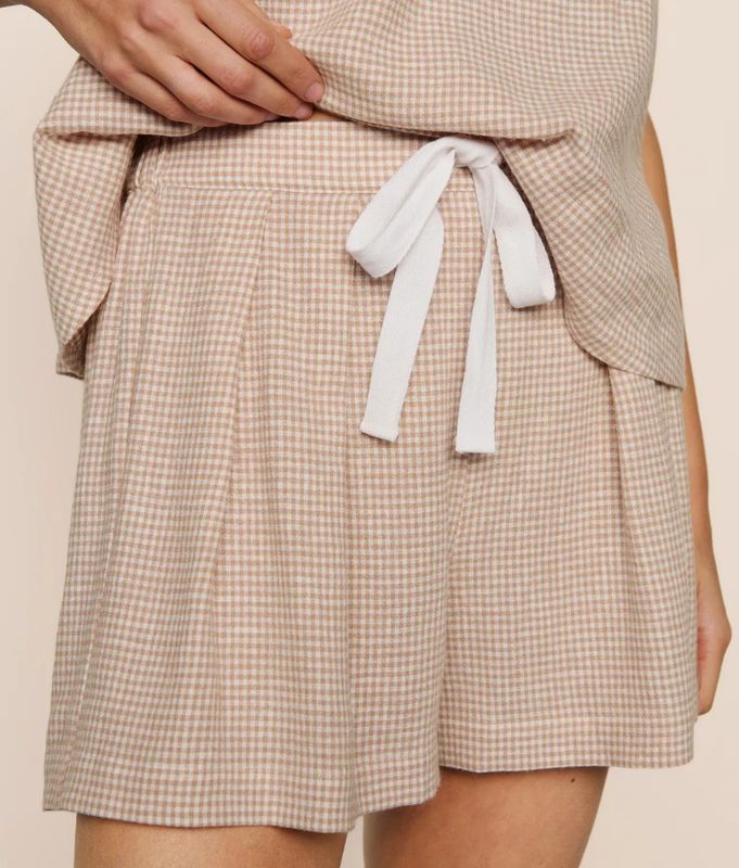 Linen Blend Relaxed Short- Gingham White/Warm Taupe