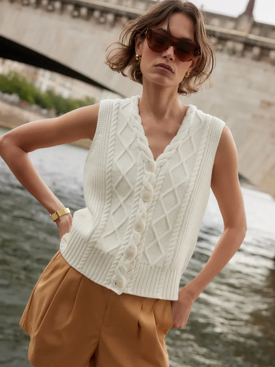 Tatyana Cable Knit Vest - Egret