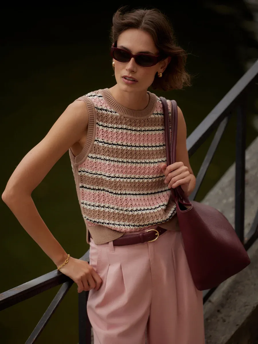 Deeley Stripe Tank-Taupe and Mellow Rose
