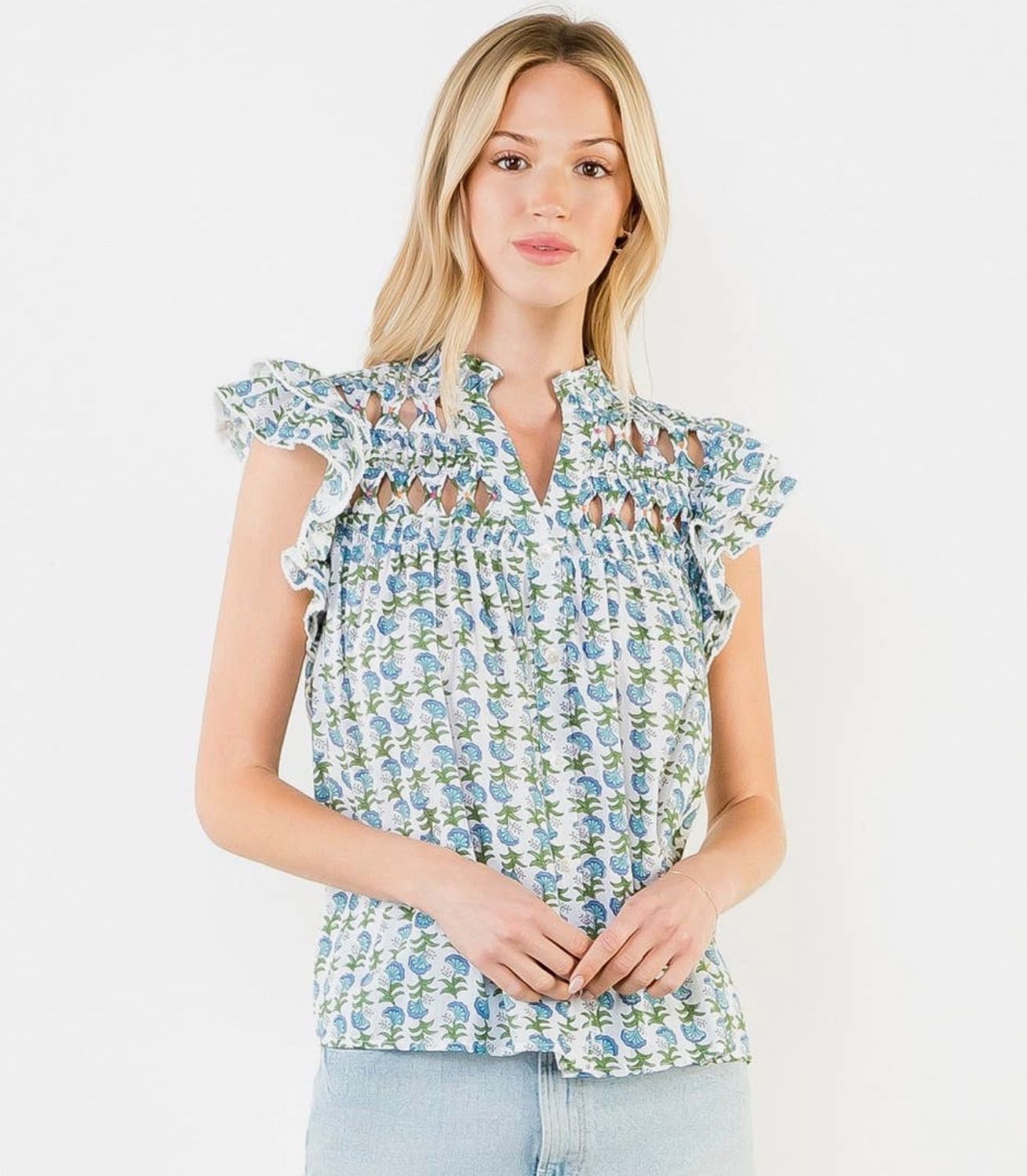 Flutter Sleeve Floral Pattern V-Neck Top