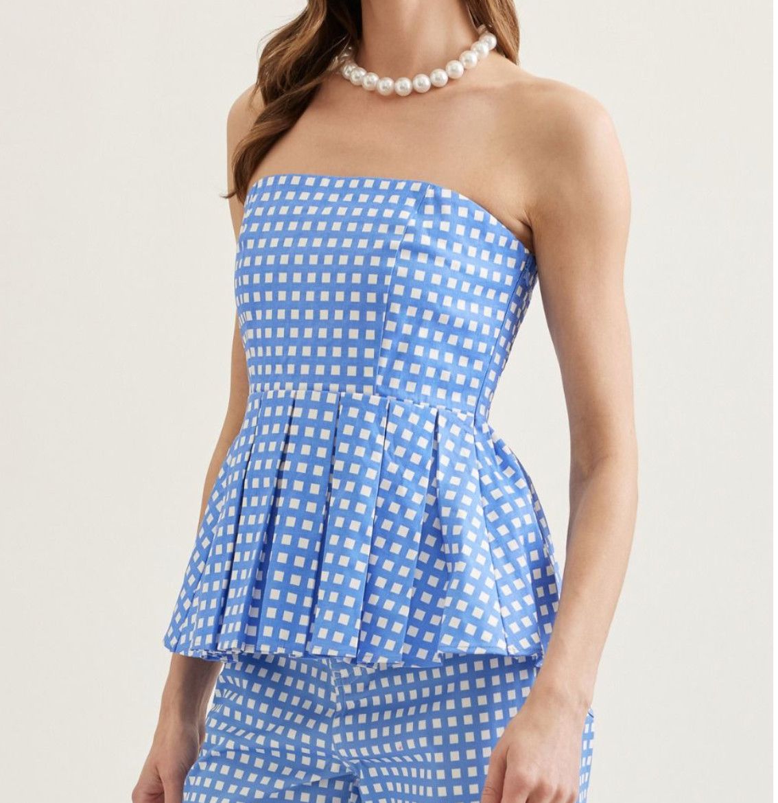 Blue Gingham Strapless Peplum Top