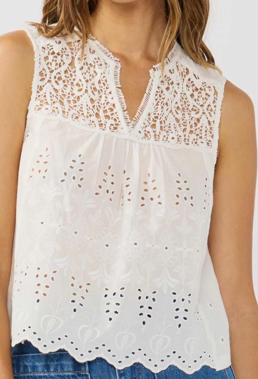 Sleeveless Eyelet and Lace Blouse