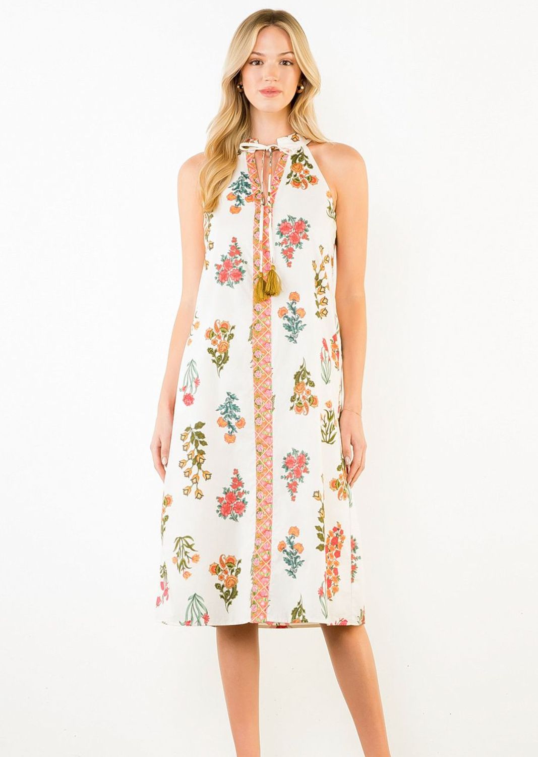 Floral Halter Tassel Tie Neck Dress