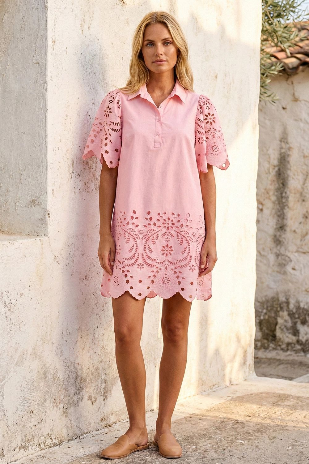 Bubblegum Scallop Embroidered Mini Dress