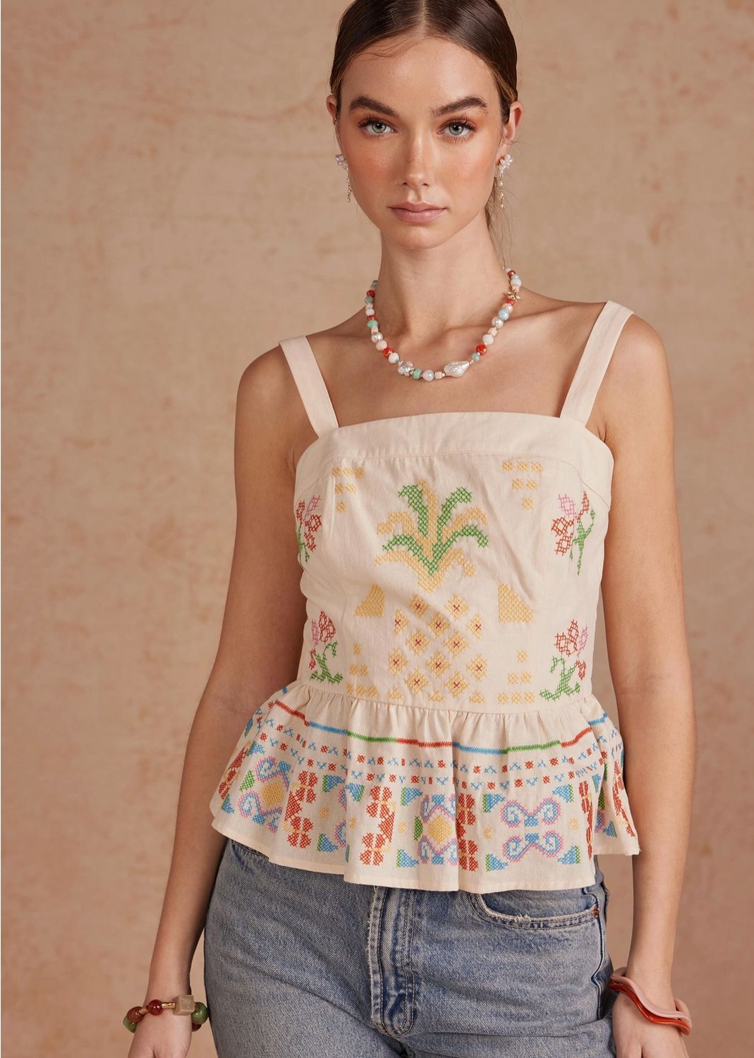 Cross Stitch Embroidered Sleeveless Square Neck Top- Ecru